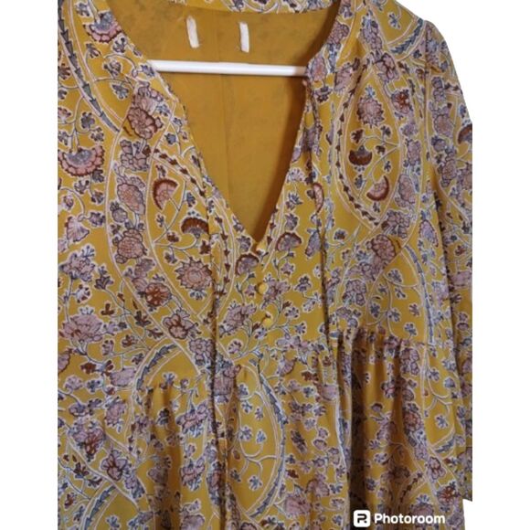 Paisley and Floral Gold Red Blue Smock Baby Doll V Neck Tie Blouse M - Picture 3 of 6